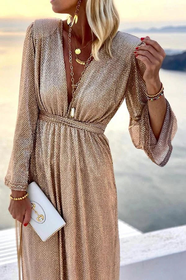 Romina | Women Cocktail Dress With Bell Sleeves And Shimmer Finish | Evening Party Style!