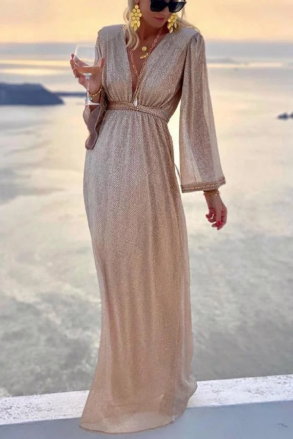 Romina | Women Cocktail Dress With Bell Sleeves And Shimmer Finish | Evening Party Style!