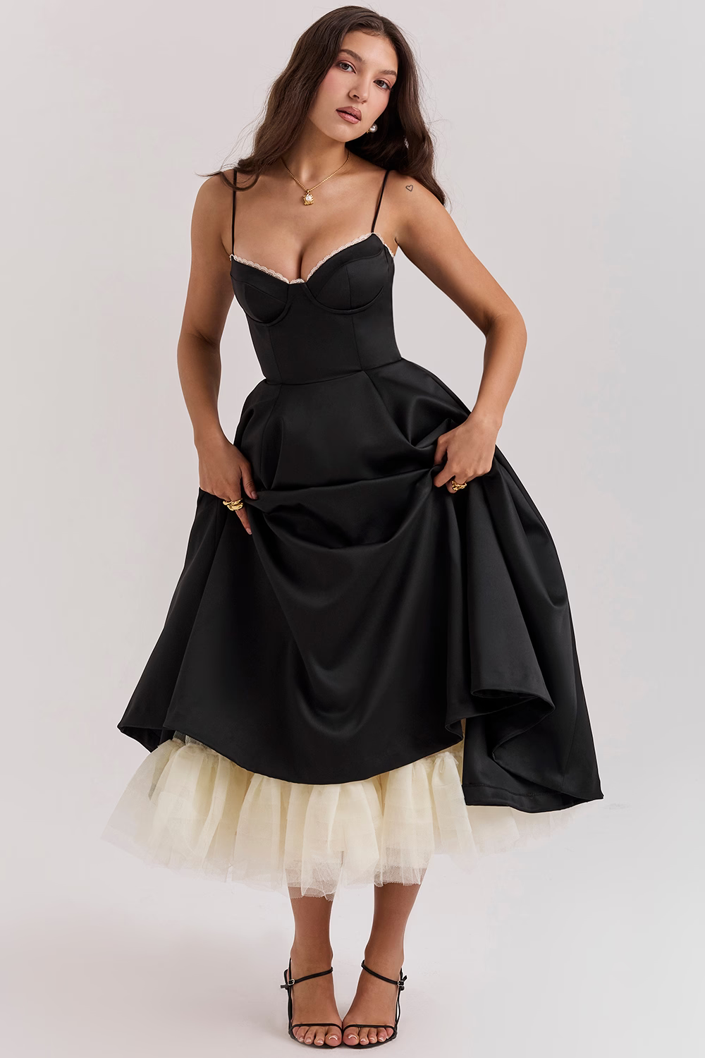 Remilo | Women’s Elegant Satin & Tulle Midi Dress