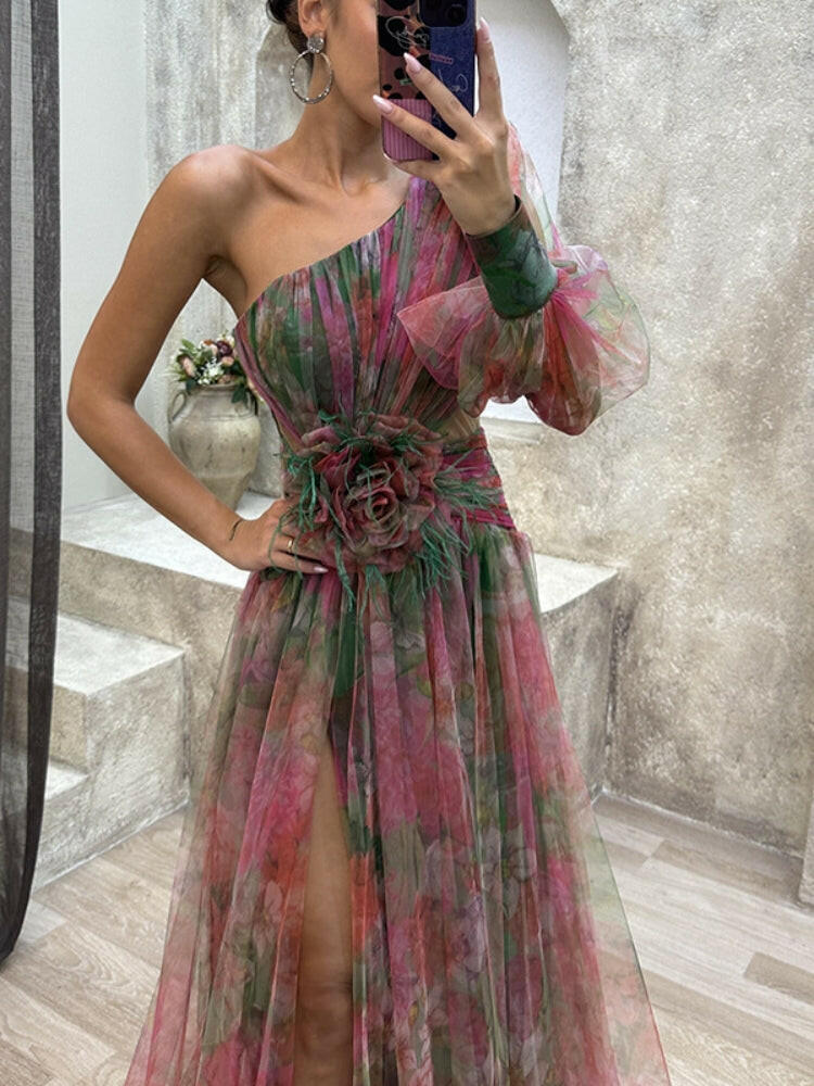 Sophia | Women’s Floral Dress With Asymmetric Neckline And Thigh-High Slit