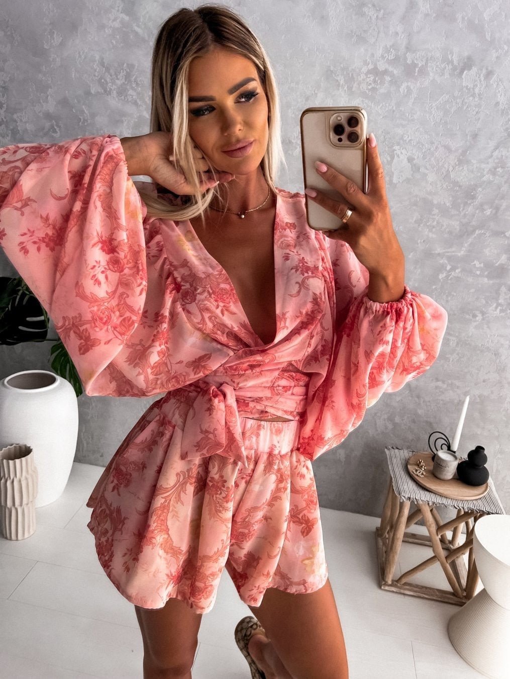 Sophia | Women's V-Neck Tropical Romper With Long Sleeves