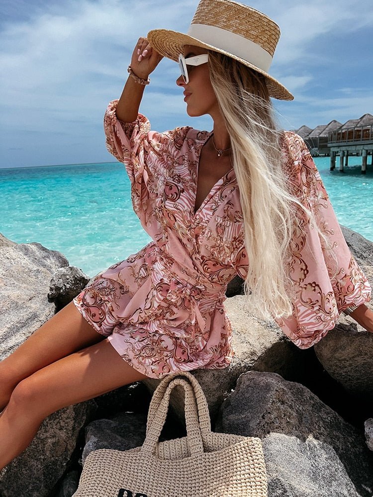 Sophia | Women's V-Neck Tropical Romper With Long Sleeves