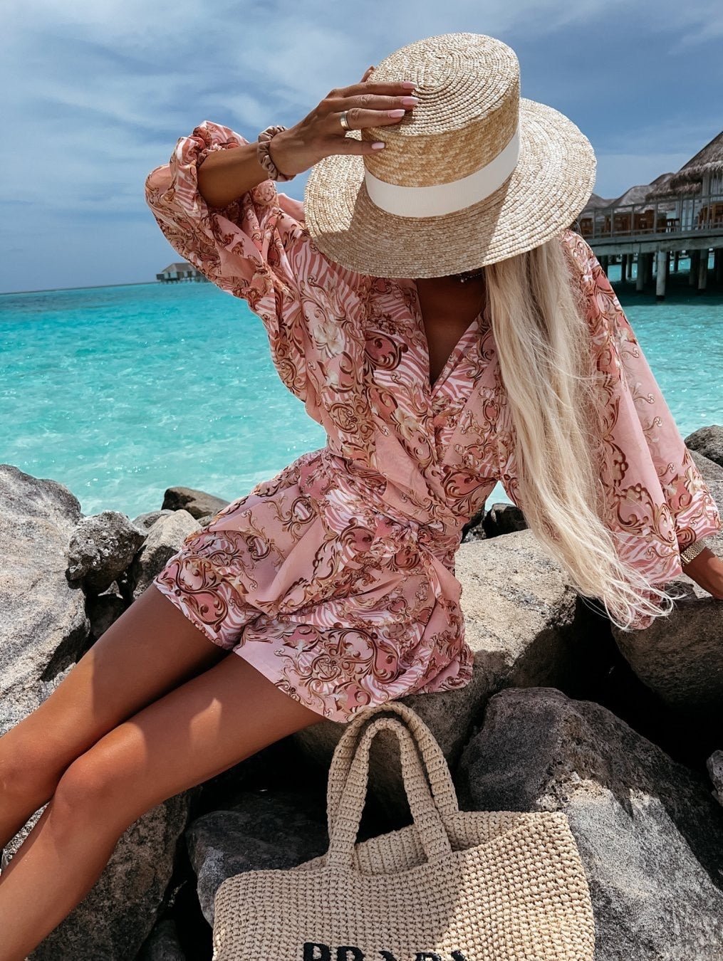 Sophia | Women's V-Neck Tropical Romper With Long Sleeves