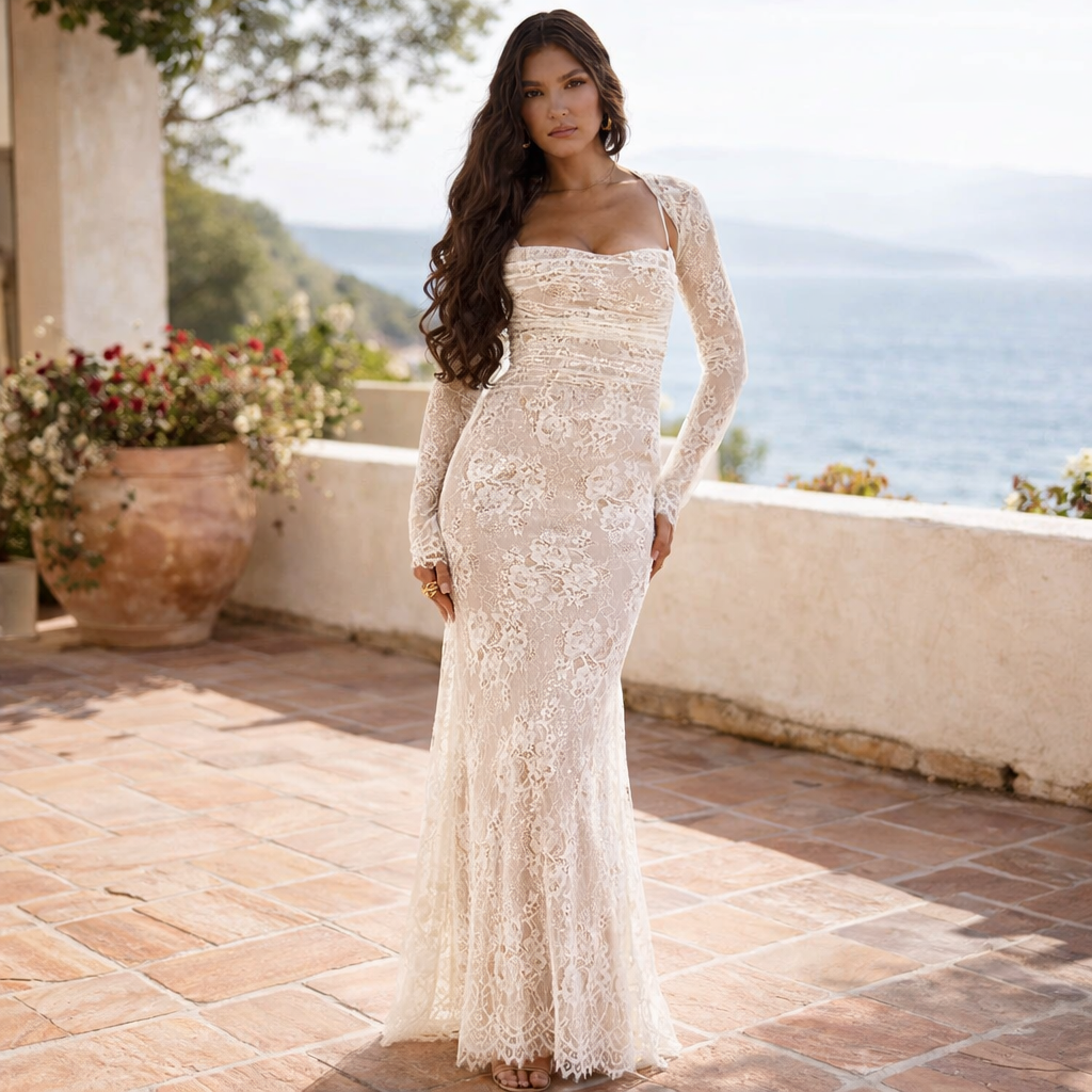 Stella | Women’s Graduation Dress With Lace Detail And Long Sleeves | Elegant