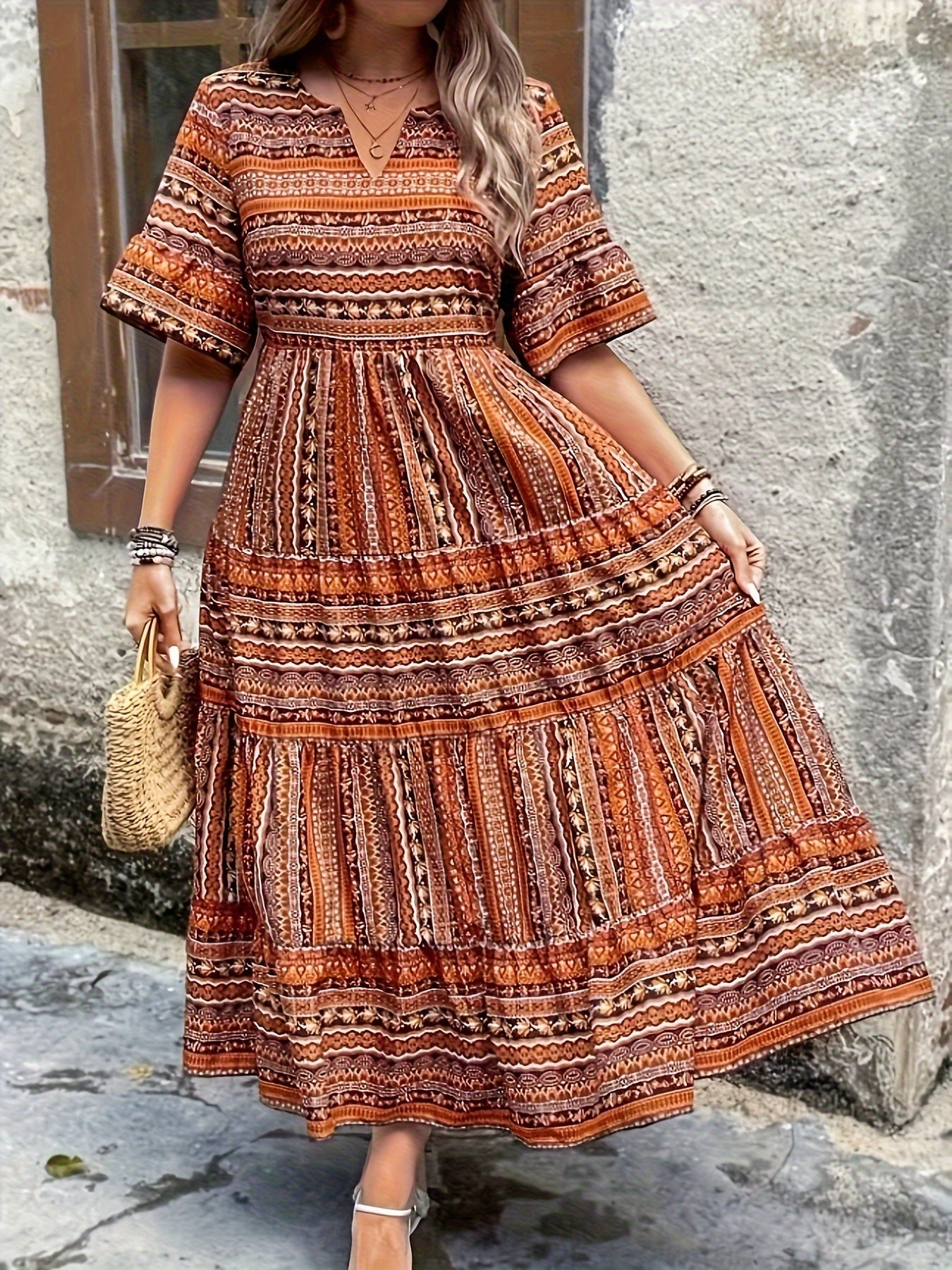 Sylpha | Women's Day Dress With Ethnic Print Design And Flowing Tiered Skirt | Casual