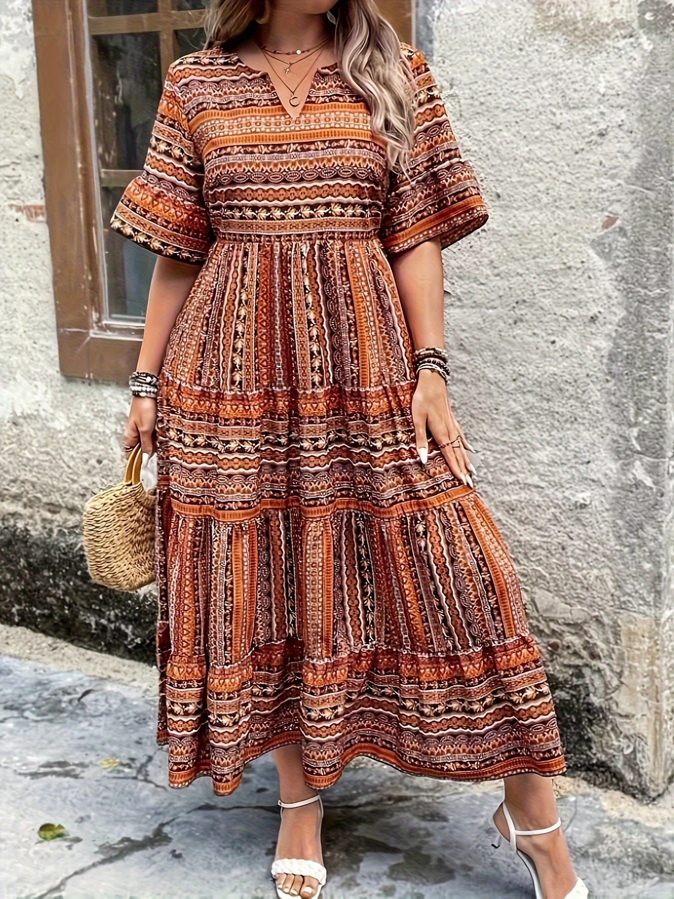 Sylpha | Women's Day Dress With Ethnic Print Design And Flowing Tiered Skirt | Casual
