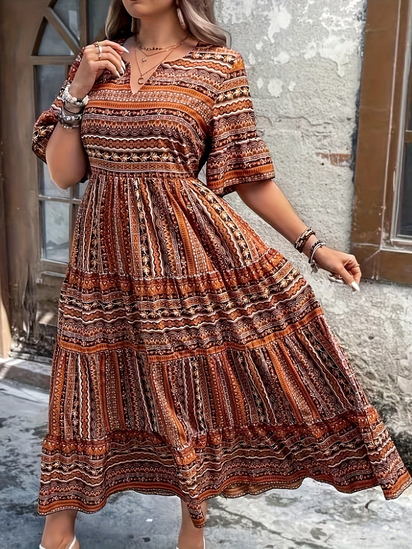 Sylpha | Women's Day Dress With Ethnic Print Design And Flowing Tiered Skirt | Casual