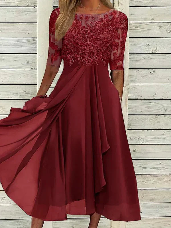 Sylvana | Women's Floral Dress With Lace Embroidered Bodice And Tea Length Skirt | Elegant